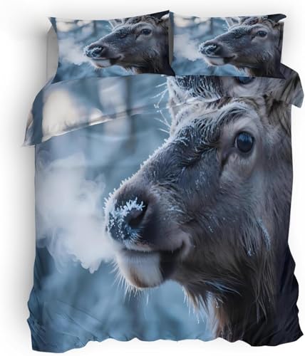 Hirsch Bettwäsche 135x200 Elch Bettwäsche Set, 3D Bettbezug Set Weich Microfaser Bettbezüge 2 Teilig Tiere Wendebettwäsche für Einzelbett, mit 1 Kissenbezug m5893