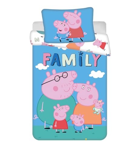Peppa Pig Bettwäsche-Set | Kinderbettgröße Bettbezug 100 x 135 cm + Kissenbezug 40 x 60 cm | 100% Baumwolle | weiches Bettwäsche-Set für Baby oder kleines Bett | Wende-Bettbezug & Kissenbezug mit