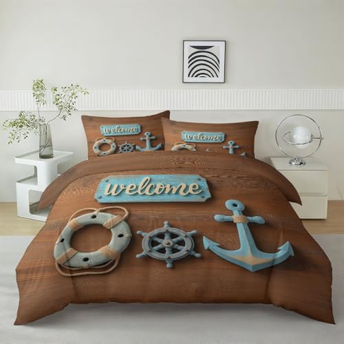 Srigzcaly Bettwäsche Maritim Surrealismus Anker Bettbezug-Set 135 x 200 + Kissenbezug 80x80 cm, Braun Mikrofaser Wendebettwäsche mit Reißveschluss - 3 Teilig