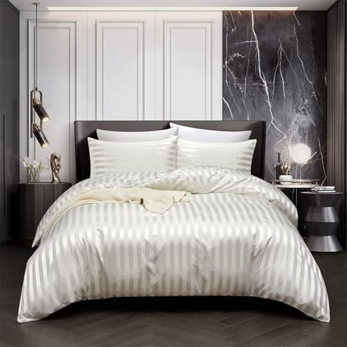 Tospass Sommer Satin Bettwäsche 155x200 cm Beige Weiß Einfarbig Glatt Glänzend Deckenbezug Seide Luxus Glanzsatin Bettwäsche Set Gestreift Bettbezug mit Reißverschluss 1 Kissenbezug 80x80cm
