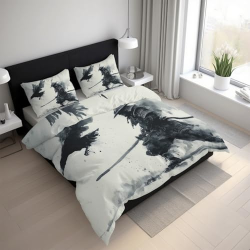 Generisch Bettwäsche Japanischer Samurai 135x200, Microfaser Bügelfreie Orientalische Tuschemalerei Krähe Bettbezug und 1 Kissenbezüge 80 x 80, Bettwäsche-Sets 2teilig mit Reißverschluss LGS16sL