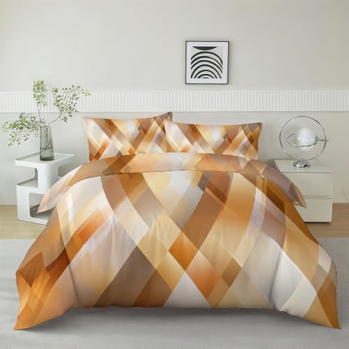 Kinderbettwäsche Dreiteiliges Abstrakte Beige-Braune Dreiecke Streifen Bettwäsche 135 x 200 cm, Bedruckter Geometrisch Bettbezug mit Kissenbezügen, Kuschelige Dekorative Bettwäsche für Jungen Mädchen