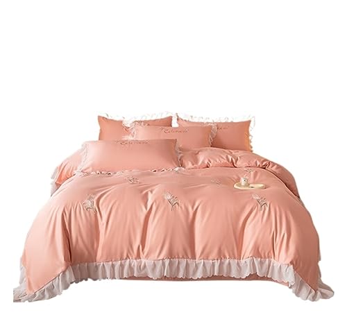 Bettwäsche-Set für Doppelbett, Bettlaken und Kissenbezüge, 4-teiliges Seidenbettwäsche-Set, hautfreundlich, weich, Bettlaken-Set mit Stickerei und Blumenmuster, Bettlaken-Set (Orange, 2 m Bett)