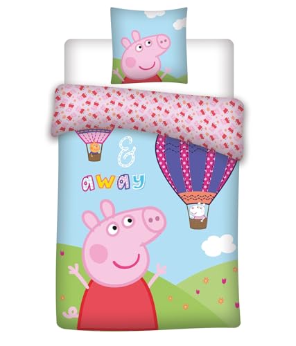 Peppa Pig Peppa Pig Bettwäsche und der Ballon, Bettdeckenset, Kissenbezug 40 x 60 cm, Bettbezug 100 x 135 cm, 100 Baumwolle Öko-TEX
