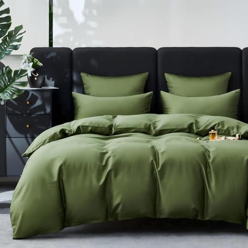 YASMENG Satin Bettwäsche 220x240 Olivgrün 100% Langstapelige Baumwolle Kühlend Mako Satin Bettwäsche Weich Seidig Atmungsaktiv Seide Bettbezug Set 3 Teilig mit Reißverschluss und 2 Kissenbezüge 80x80