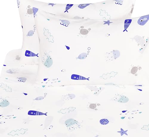 J-pinno Bettwäsche-Set für Kinder, Mädchen, Kinder, Motiv: Meerestiere, Fische, Wal, Unterwasserwelt, niedlich, gemütlich, lustig, 100 % Baumwolle, Bettlaken + Spannbetttuch + Kissenbezug (10, Full)