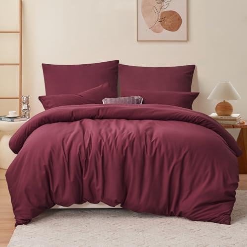 RUIKASI Bettwäsche 200x220 3teilig   Burgundy Mikrofaser Bettwäsche Sets Oeko TEX, Bettbezüge 200 x 220cm + 2 Kissenbezüge 80x80cm Reißverschluss, Weich Bügelfrei