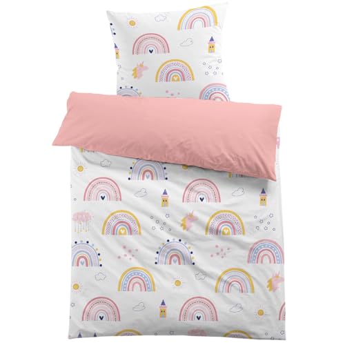 MUSOLEI Bettwäsche 135x200 Kinder Regenbogen Einhorn Mädchen Rosa Prinzessin Kinderbettwäsche Mikrofaser 3D Druck Cartoon Bettbezug und 1 Kissenbezug 80x80 für Kinder Geschenk, Regenbogen