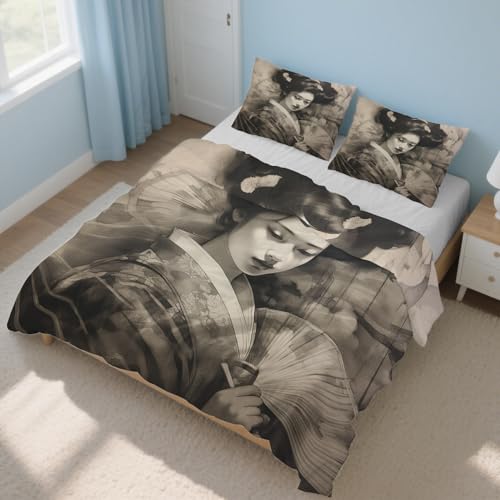 Generisch Bettwäsche 200x220cm Japanische Geisha 3-Teilig, Bettbezug Asiatisch Orientalisch Soft Angenehm Bettwäsche-Sets Mikrofaser, mit Reißverschluss + 2 Kissenbezüge L-45
