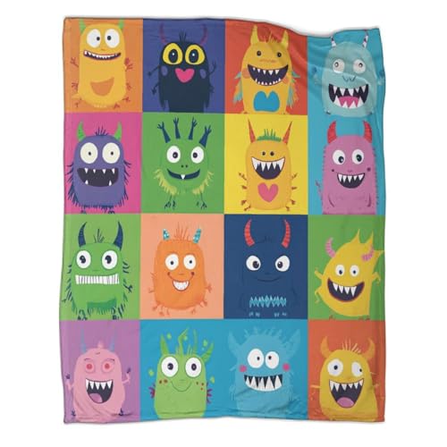 kaiyun Niedliche Monster im Cartoon-Stil Decke,Glückliche Gesichter Weiche Und Leichte Ganzjahresdecke,Picknick, Reise,Heimdekoration,Bett wäsche Für Teenager Und Erwachsene,50x60inch(127x 152cm)