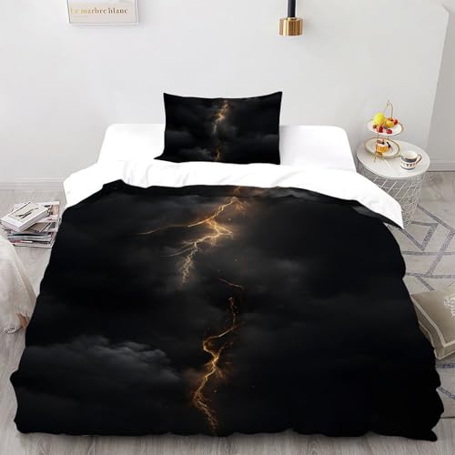 SHOVERKD Gewitter Bettwäsche Set 3D Effekt Golden Lichtning Dunkel Energie Für Jugendliche, Mikrofaser Polyester Mit Verstecktem Reißverschluss 2Pcs Inkl. Kissenbezug Single?135x200cm?