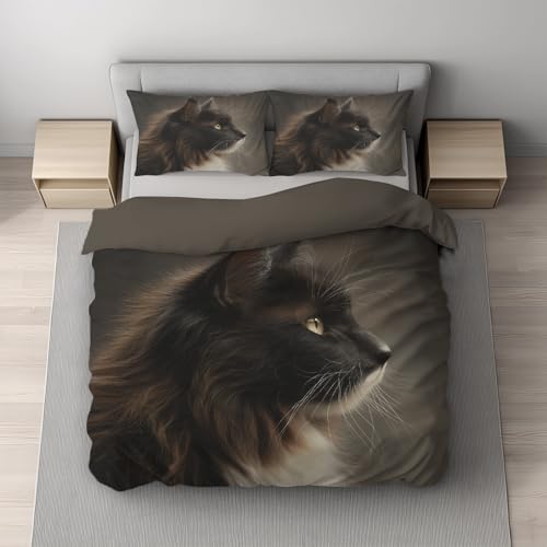 Generisch Schwarz Bettwäsche Foto Bettbezug-Set 200 x 200 cm + 2 Kissenbezüge 80 x 80 cm, Hochwertiges Microfaser Wendebettwäsche mit Reißveschluss, Hd Flauschig Katze