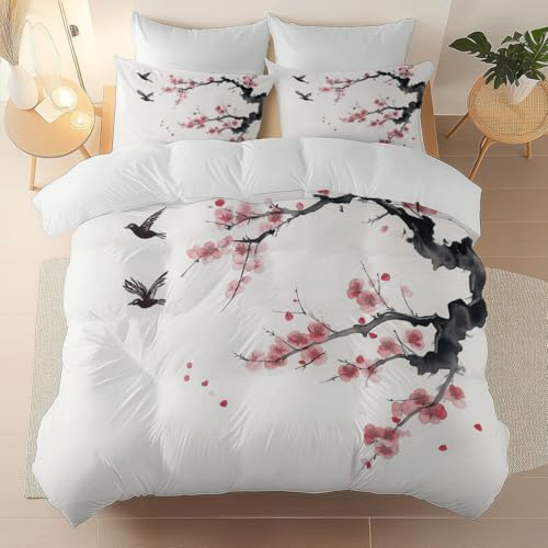 Bettbezug Bettwäsche Set Orientalische Tuschemalerei Kirschblüte Drucken - Erwachsene Kinder Bettwäsche-Set, Mikrofaser Weiche Bettbezug mit Reißverschluss und Kissenbezüge, 135 x 200 cm, Weiß