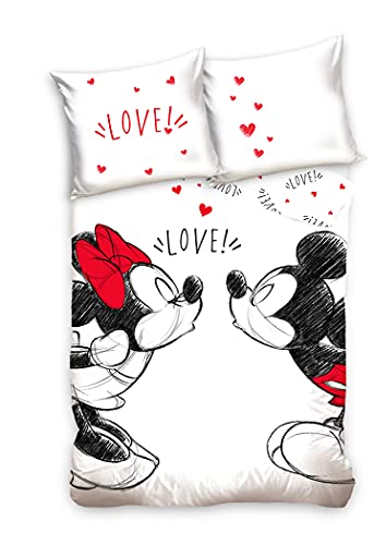 Carbotex Mickey & Minnie Mouse Love Bettwäsche, Wendebettwäsche Größe: 140x200 cm, Kissen 70x90 cm 100 % Baumwolle Schwarz/Weiß