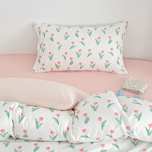 Nayoroom Bettwäsche 135x200 4teilig Blumen Rosa Tulpen Grün Blätter Blumen Bettbezug Set Frühling Aesthetic Cute Landhausstil Mikrofaser Bettwäsche-Sets mit Reißverschluss und 2 Kissenbezüge 80x80