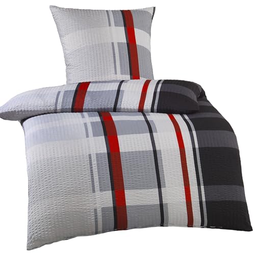 KH-Haushaltshandel 2-TLG. Seersucker Bettwäsche, 135x200 +80x80cm, rot grau schwarz, kariert, bügelfrei (W401250)