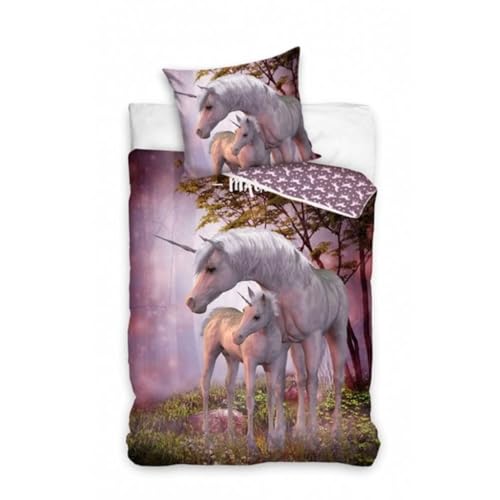 Carbotex Einhorn Wende-Bettwäsche-Set 135x200 80x80 Baumwolle Bettzeug Unicorn Zauberwald
