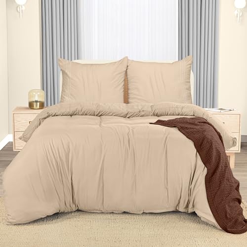 Utopia Bedding Bettwäsche 200x200 Set - Mikrofaser Bettbezug 200x200 cm + 2 Bestickte Kissenbezüge 80x80 cm - Beige