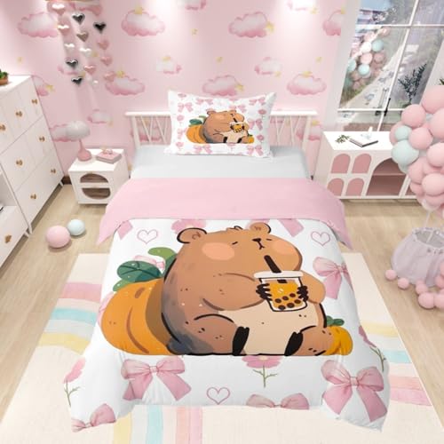 Homewish Kawaii Bowknot Cartoon Capybara Bettbezug 155x220 Süßer Dessert Milchtee Kürbis Dekor Bettwäsche Herz Blumen Schleife Prinzessin Bedding Entzückender Tierliebhaber Bettwäsche Set 2 teilig