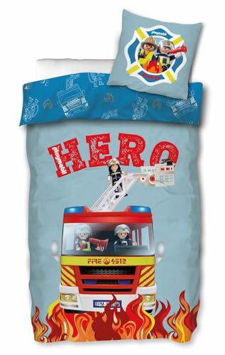 SkyBrands Playmobil City Action Hero Feuerwehr Wende-Bettwäsche-Set 135x200 80x80 Baumwolle Kinder-Bettzeug