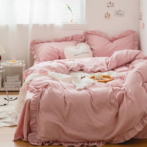 AShanlan Rosa Rüschen Bettwäsche 135x200 4teilig Unifarben Altrosa Romantisch Bettbezüge 100% 120GSM Mikrofaser Pink Deckenbezug Kissenbezüge 80x80cm Reißverschluss