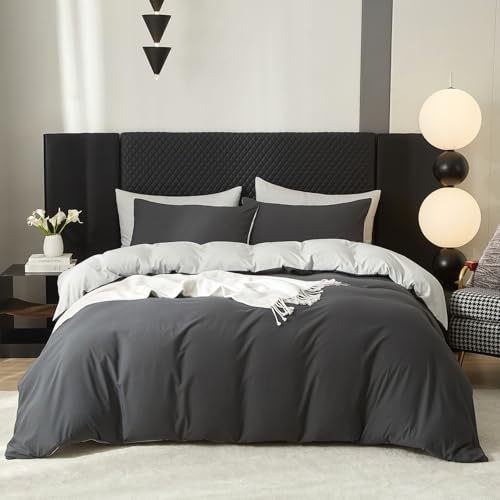 Gezu Baumwolle Bettwäsche 135x200cm Grau Anthrazit 4Teilig Einfarbig Uni Ästhetik Doppelbett Weich Baumwollbettwäsche Wende Bettwäsche Bettbezug 135x200cm und 2 Kissenbezug 80x80 mit Reißverschluss