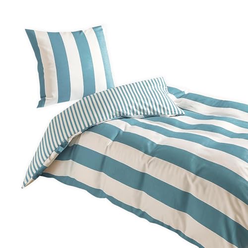 Traumschlaf Mako-Satin Wende-Bettwäsche Los Angeles – Edle Satin Bettwäsche aus 100% Baumwolle mit moderner Streifenoptik in warmen Naturtönen – 135x200 cm + 80x80 cm, hellblau