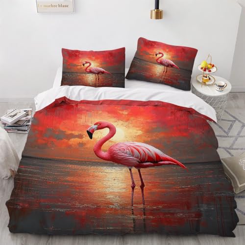 Bettwäsche 135x200 cm 3 Teilig 2 Pillowcases 80x80 Bettbezug Flamingo Meer Sonnenuntergang Tier Exquisites Muster 3D Design Mikrofaser Bettbezuge Flauschig Bettwäsche Set Dekoration für Schlafzimmer