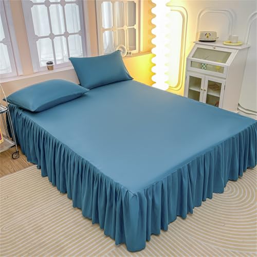 Morbuy Bettrock Rüschen Tagesdecke, 3-Teilig Set Bettwäsche Rüschen Tagesdecken und 2 Kissenbezüge Mikrofaser Bett Blatt Röcke Bettröcke Erwachsenen Kinderzimmerdekor (150x200cm,Türkis)