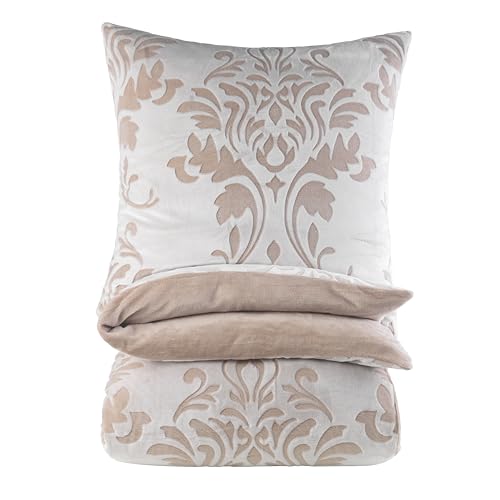 BaSaTex Kuschelige Winter Plüsch Bettwäsche Set 135x200 cm + 80x80 cm - Warme Bettgarnitur mit hochwertigem Laserdruck - Baronesse Natur Beige