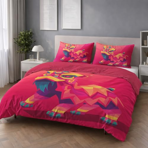 Rot Flauschige Zweiseitig Bettwäsche Set - Cartoon Orientalisch Löwentanz - Bettwäsche Kuschlig Weich Farbbeständig Bügelfrei Microfaser Bettbezug 155 x 220 mit Reißverschluss