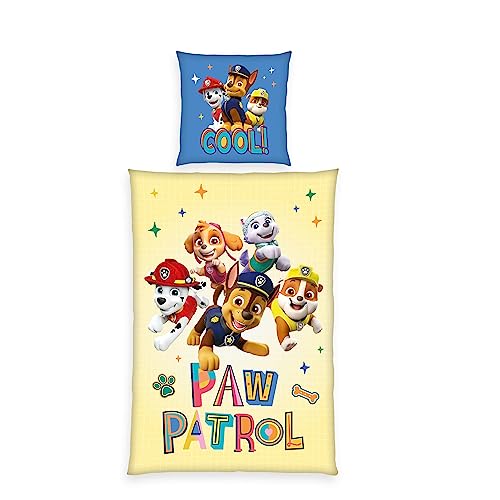 Herding Bettwäsche-Set, Paw Patrol, Kopfkissenbezug 80 x 80 cm mit Reißverschluss und Wende-Motiv, Bettbezug 135 x 200 cm, Mit Reißverschluss, 100% Baumwolle/Renforcé, Gelb