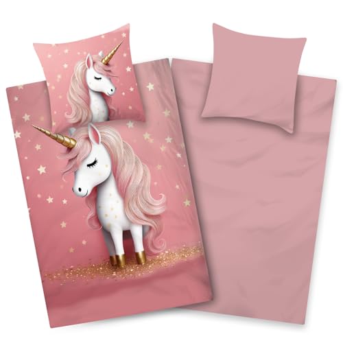 Aminata kids Mikrofaser Bettwäsche Einhorn 135x200 Mädchen Jugendliche mit Reißverschluss - Bügelfrei - vorteilhaft für Allergiker - rosa weiß mit Sternen