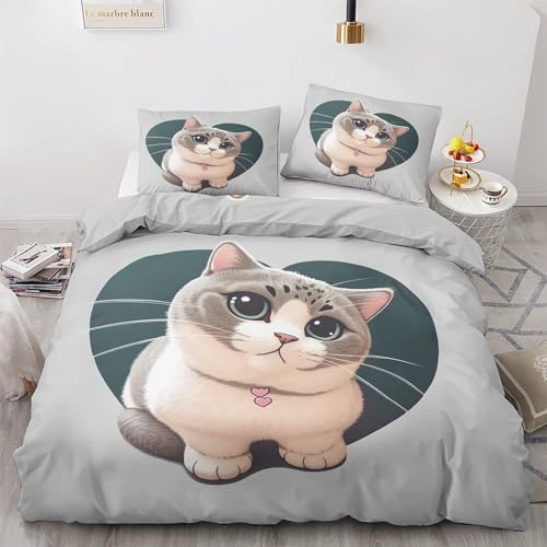 Cartoon-Katze Bettwäsche 135x200 Grau Bettwäsche-Sets für Jungen Mädchen Erwachsene Bettbezug Microfaser Muster Bettwäsche Set und 2 Kissenbezug 80x80 mit Reißverschluss