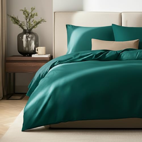 SALAD HOUSE - Mako Satin Bettwäsche 155x220 Dunkelgrün - 100% Ägyptische Baumwolle (400 TC) - Hochwertig, Kühlend, Bügelleicht & Glatt wie Seide - Bettbezug Set mit Kissen 80x80 & Reißverschluss