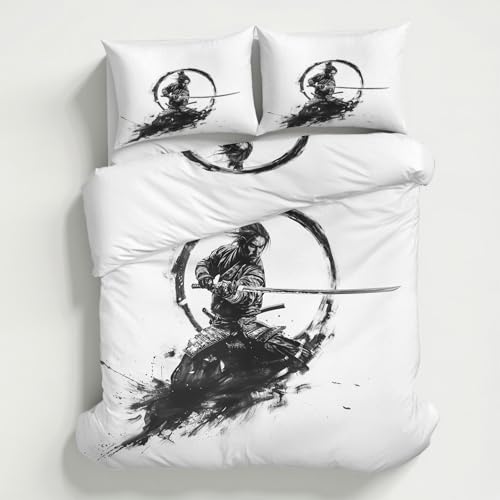 Generisch Bettwäsche 135x200 Japanischer Samurai Bettwäsche Set, Kuschelige Microfaser Krieger Orientalischer Stil Wendebettwäsche und 1 Kissenbezüge 80 x 80 mit Reißverschluss LGS22sL