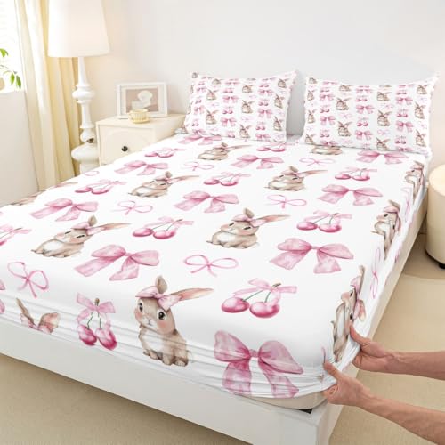 feelingyou Cartoon Kaninchen Einbaublech M Größe Aquarell Rosa Bowknots Kirsche Bettdeckung 2pcs Träumige Prinzessin Stil Bettwäsche Set für Kinder