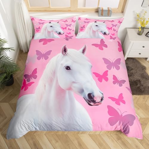 Loussiesd Mädchen Pferd Bettbezug Set Rosa Weiß Pferd Druck Bettwäsche Set 200x200cm Schmetterling Dekor Bettwäsche-Set Kinder Frauen Tiere Thema Betten Set mit 1 Kissenbezug, weiche Mikrofaser