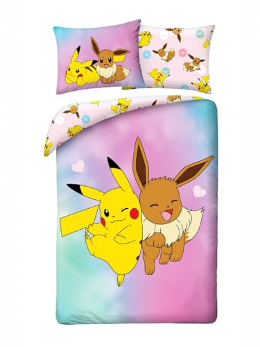 POKEMON PIKACHU und EEVEE – Bettwäsche-Set Bettbezug 140 x 200 cm + Kissenbezug 70 x 90 cm – wendbar – 100 % Polyester – mehrfarbig