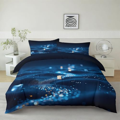 Bettwäsche 200 x 200 cm 3teilig, Extraweiches Dunkelblau Wendebettdeckenbezug - Fantasy Geometrisch Quadrat Punkte Bettbezug mit Reißverschluss für Erwachsene Kinder Jugendliche