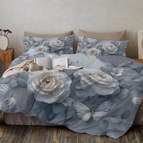 SMBHIAON Bettwäsche 200×200Cm 3 Pieces Bettdeckenbezug Klassisch Und Modern - Bettbezug Set Weiße Rosen Und Blätter Mit 2 Kissenbezügen 80X80 cm Mit Reißverschluss, Bügelfrei Und Weich