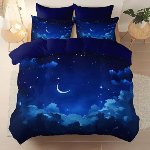 Doppelseitiger Bettbezug Nachthimmel Halbmond Wolken Sterne Drucken, 200 x 200 cm Weich Bettwäsche-Sets mit Reißverschluss, Klein Blue Gebürstete Mikrofaser Bettbezüge für Jungen und Mädchen