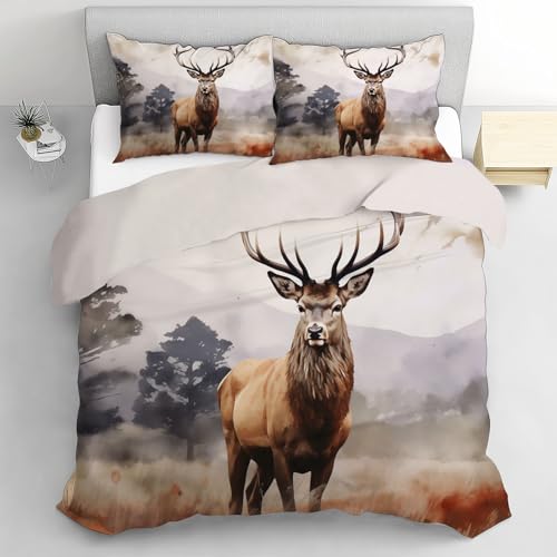 CEDNXOER Bettwäsche-Set 3Teilig 220x240cm Braun Elch -Bettbezug Für Teenager, 3D Abstrakte Berge Microfaser Beige Bettwäsche Set Mit Reißverschluss Und 2 Kissenbezüge 80x80cm