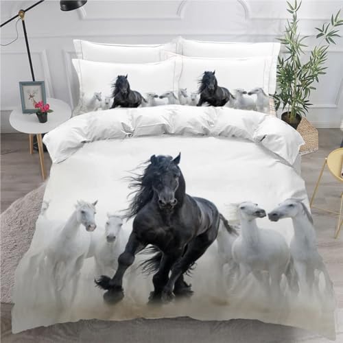 NYSMGS Bettwäsche-Sets 135x200 2Teilig Pferd Mädchen Jungen Kinder 3D Druck Weiß Tierisch Schwarz Mikrofaser Atmungsaktive Erwachsene Bettbezug mit Reißverschluss und Kissenbezüge 80x80cm a102