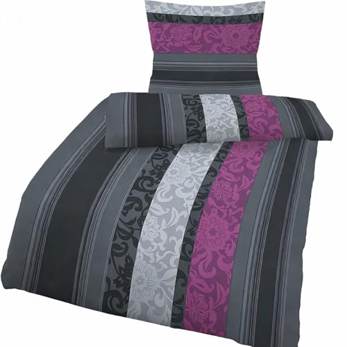 Soma Biber Bettwäsche Set, 100% Baumwolle, Reißverschluss, 135x200 cm oder 155x220 cm, mit Kopfkissenbezug 80x80 cm (lila grau Boho Barock, 135 x 200 cm + 80 x 80 cm)