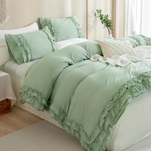 Bedorm Salbeigrün Rüschen-Bettwäsche-Set für King-Size-Bett, plissierte Spitze, Rüschen, Shabby-Chic-Stil, Schlafzimmer-Dekor, extra weich, gemütlich, Bauernhaus-Stil, Landhausstil