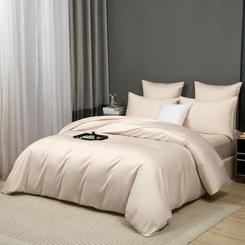 Luofanfei Mako Satin Baumwolle Bettwäsche 135x200 Beige Kühlend Glatt Muster Atmungsaktiv Bettwäsche Set Weich und Bügelfrei Uni Bettbezug Einzelbett und Kissenbezug 80x80 cm