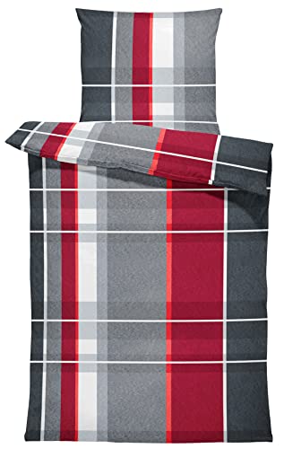 one-home Winter Bettwäsche 155x220 cm kariert grau Silber rot modern Flausch Thermofleece