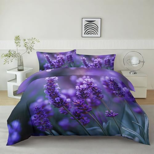 Bettwäsche 180 x 200 cm 3-teiliges Set, Aesthetic Wende Feld Pflanzen Blumen Lavendel Bettwäsche Set, Atmungsaktiv, Maschinenwaschbar Violett Bettbezug mit Reißverschluss