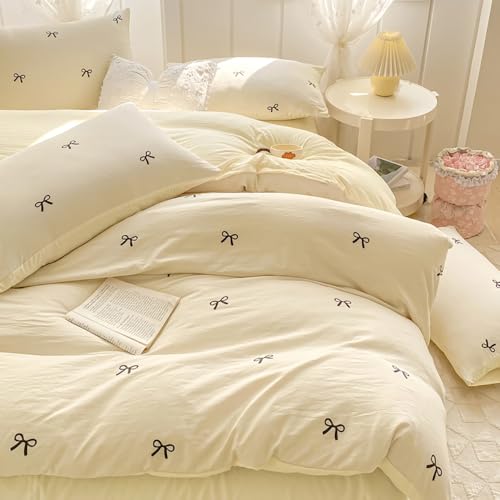 Covebett Bettwäsche 135x200 Mädchen Weiß Creme mit Schwarz Schleifen Kinder Bettbezug 2teilig Aesthetic Kawaii Renforcé Microfaser Einzelbett Deckenbezug Reißverschluss und Kissenbezug 80x80cm